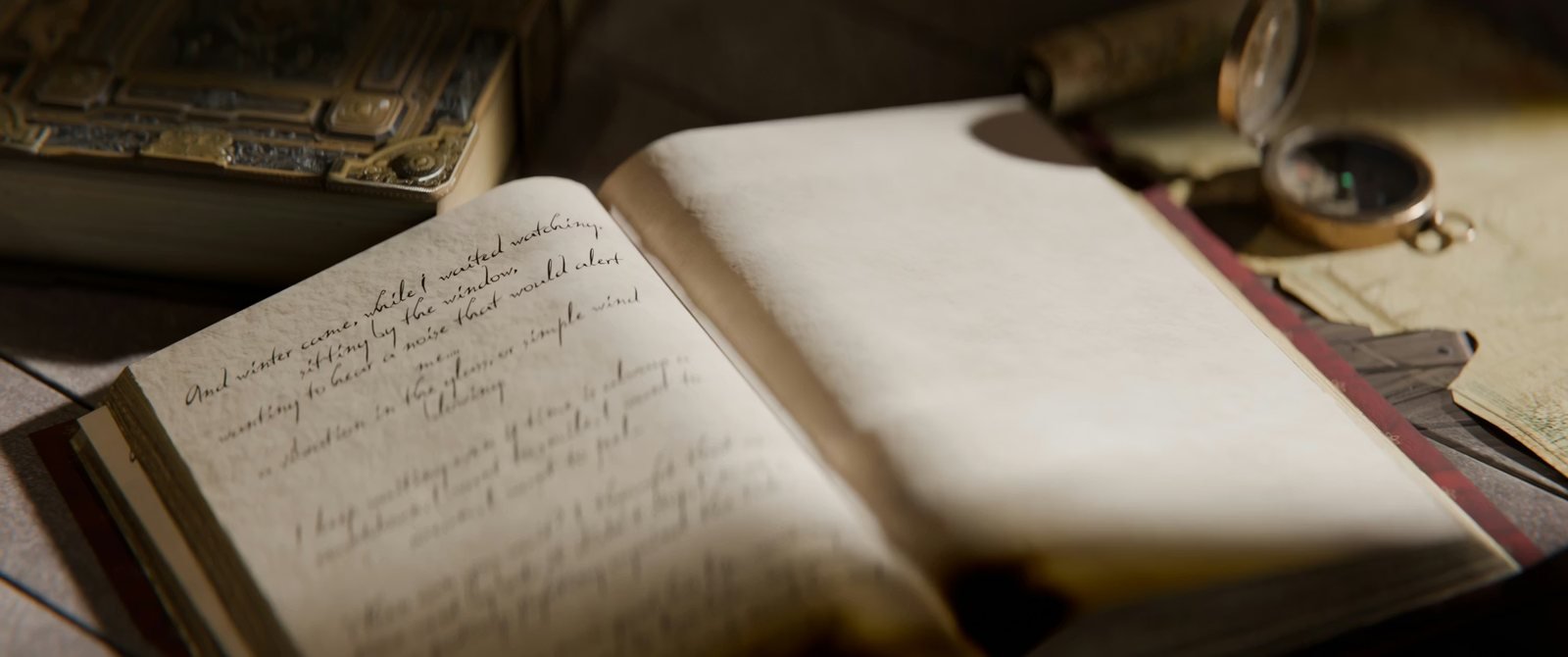 An open handwritten journal on a desk beside a compass and papers, the pages filled with cursive notes