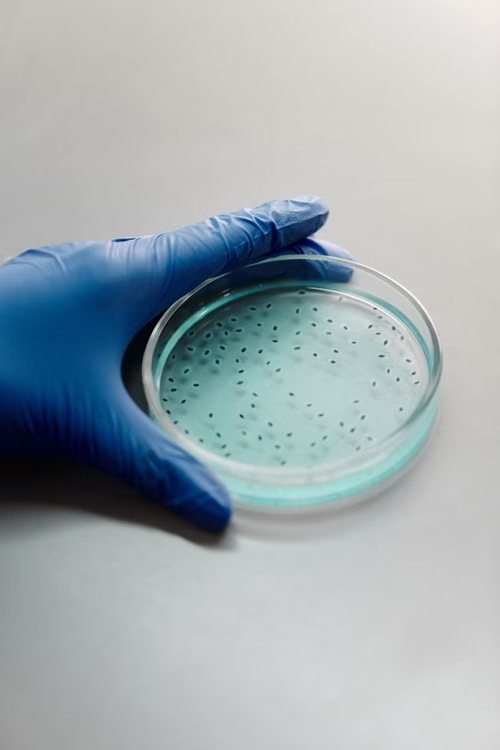 A gloved hand holding a petri dish containing a pale agar plate dotted with small colonies